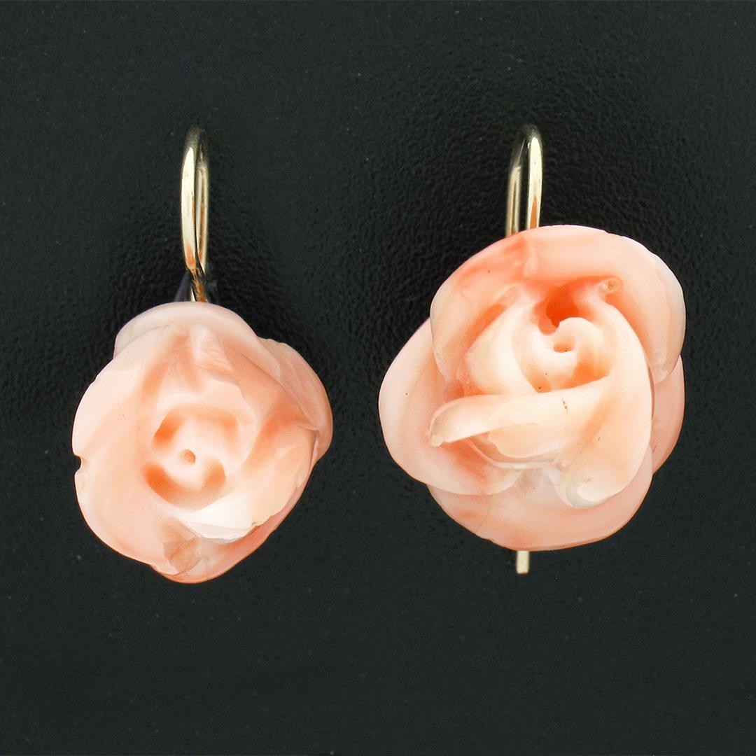 Vintage 14k Yellow Gold Carved Pink Angel Skin Coral Rose Flower Drop Earrings