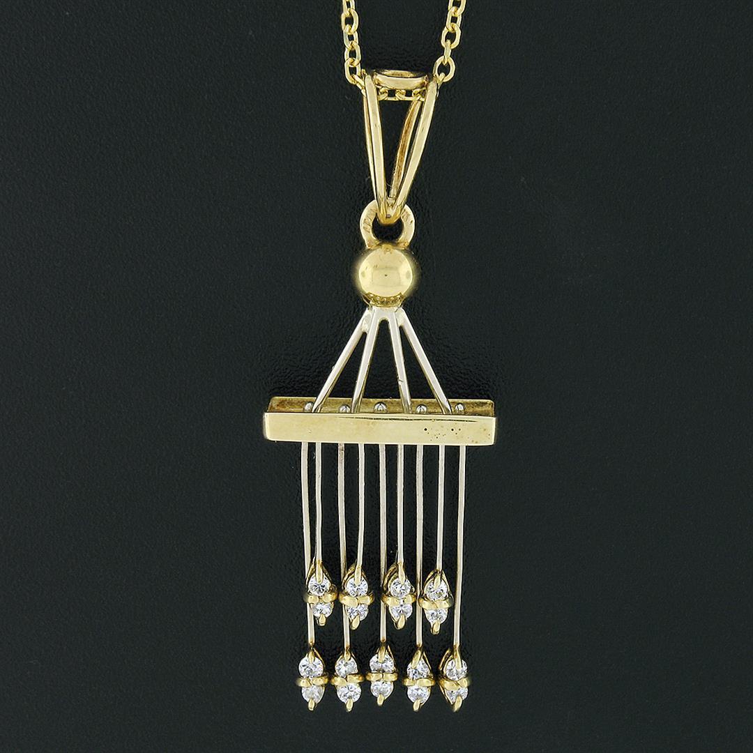 Unique Vintage 14k TT Gold Diamond Tiered Bar Tassel Dangle Pendant Necklace