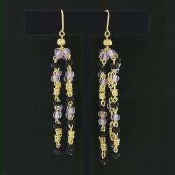 Vintage 18k Gold 4 Strand Amethyst Black Onyx Rondelle Bead Drop Dangle Earrings