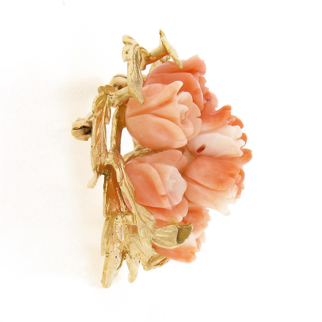 Vintage 14K Gold Carved Coral Rose Flower Bouquet Textured Leaf Round Pin Brooch