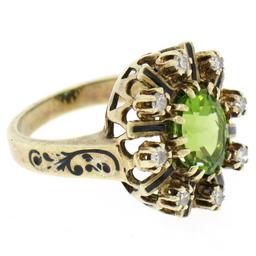 Vintage 14K Yellow Gold 2.43 ctw Oval Peridot Diamond & Black Enamel Halo Ring