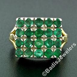 Vintage 14k Gold & Silver Top Round Green Emerald Rectangular Large Platter Ring