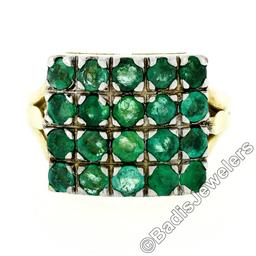 Vintage 14k Gold & Silver Top Round Green Emerald Rectangular Large Platter Ring