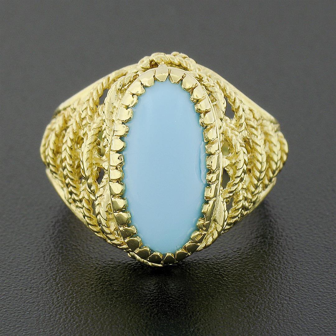 Estate Italian 18k Gold Oval Cabochon Cut Turquoise Solitaire Braided Cigar Ring