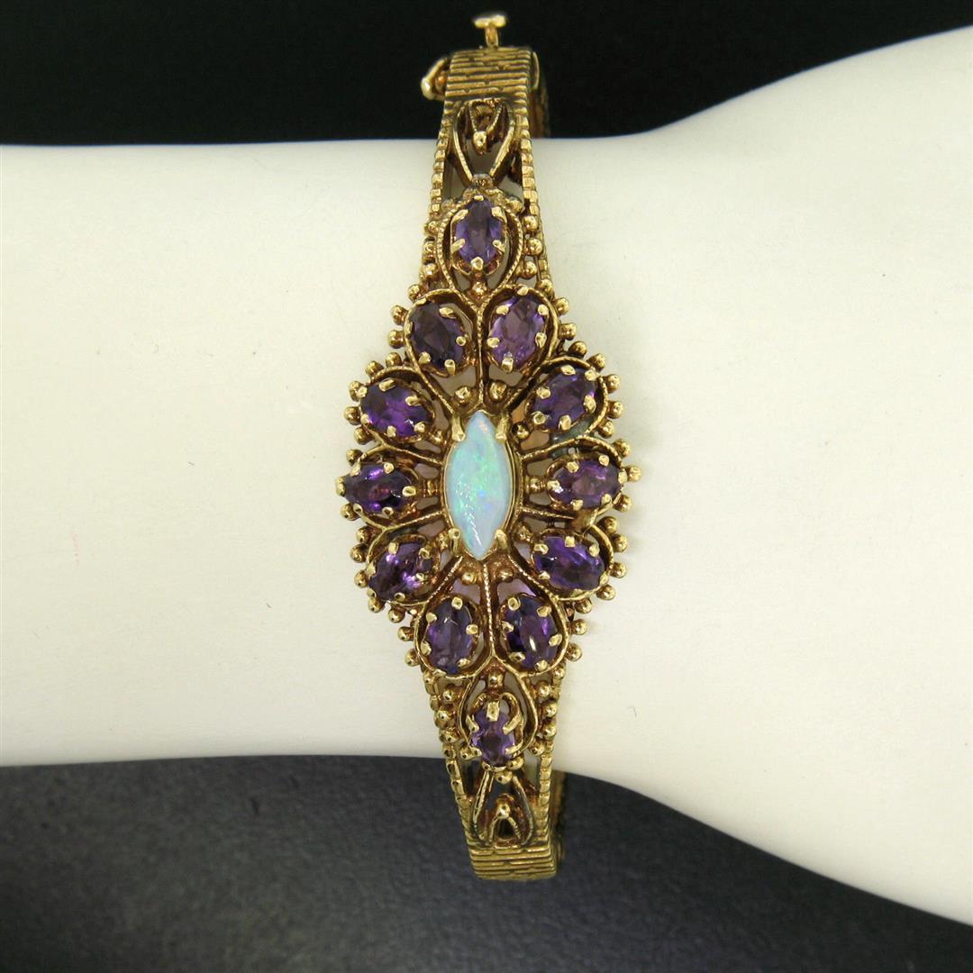 Vintage 14K Yellow Gold 3.75 ctw Amethyst & Opal Textured Open Bangle Bracelet