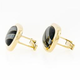 Vintage 14k Yellow Gold Swivel Cuff Links w/ Hematite Inlaid in Black Onyx