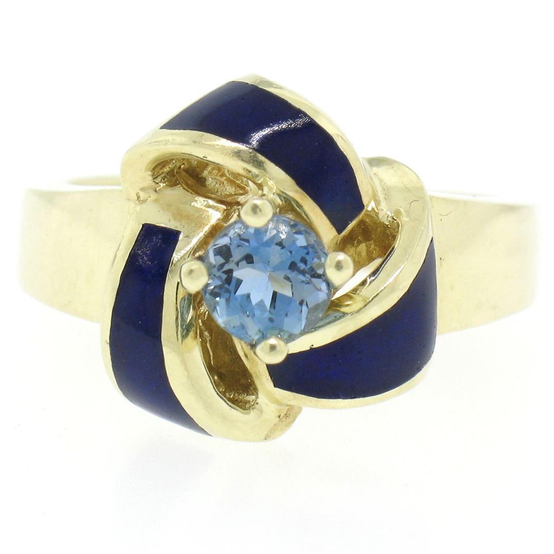 Vintage 14K Yellow Gold FINE Aquamarine & Blue Enamel Trinity Knot Cocktail Ring