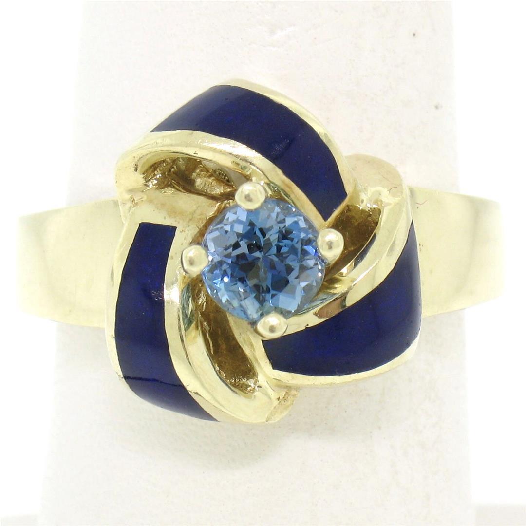 Vintage 14K Yellow Gold FINE Aquamarine & Blue Enamel Trinity Knot Cocktail Ring