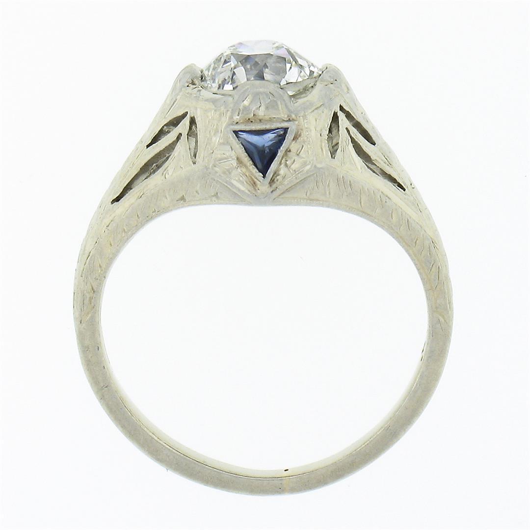 Antique Art Deco 18k Gold GIA Old European Diamond Sapphire Engagement Ring