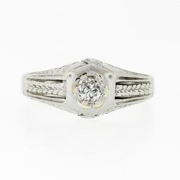 Antique Art Deco Engraved 18k White Gold 0.32 ctw Mine Cut Diamond Solitaire Rin