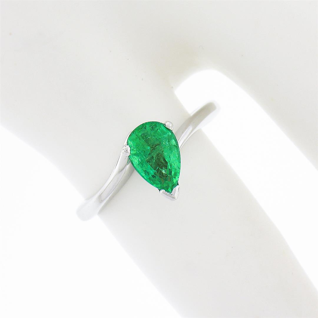 Vintage 14K White Gold 0.71 ctw FINE Pear Colombian Emerald Solitaire Bypass Rin