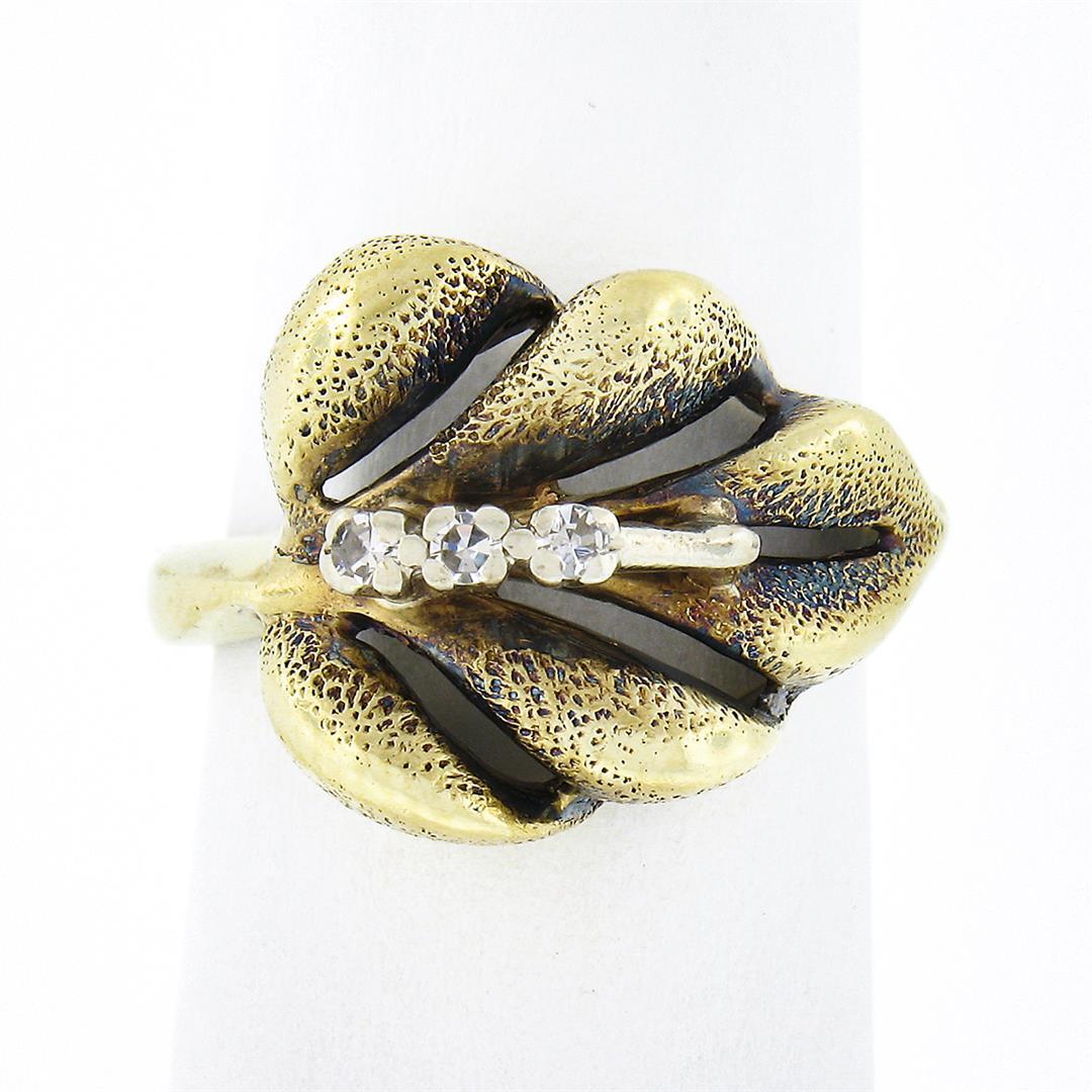 Vintage 14K Yellow Gold Puffed 3D Textured Multi Leaf Ring w/ Single Cut Diamond