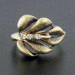 Vintage 14K Yellow Gold Puffed 3D Textured Multi Leaf Ring w/ Single Cut Diamond