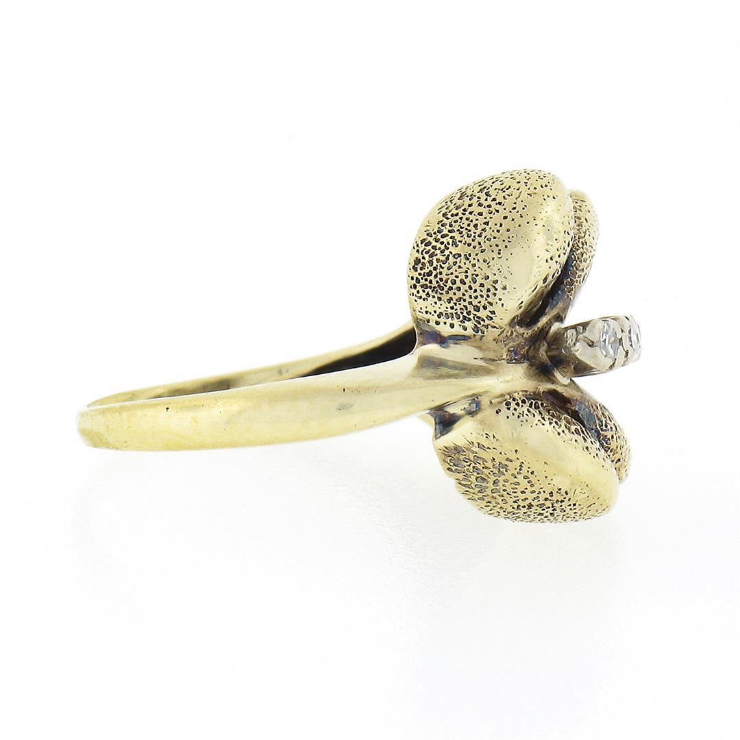 Vintage 14K Yellow Gold Puffed 3D Textured Multi Leaf Ring w/ Single Cut Diamond