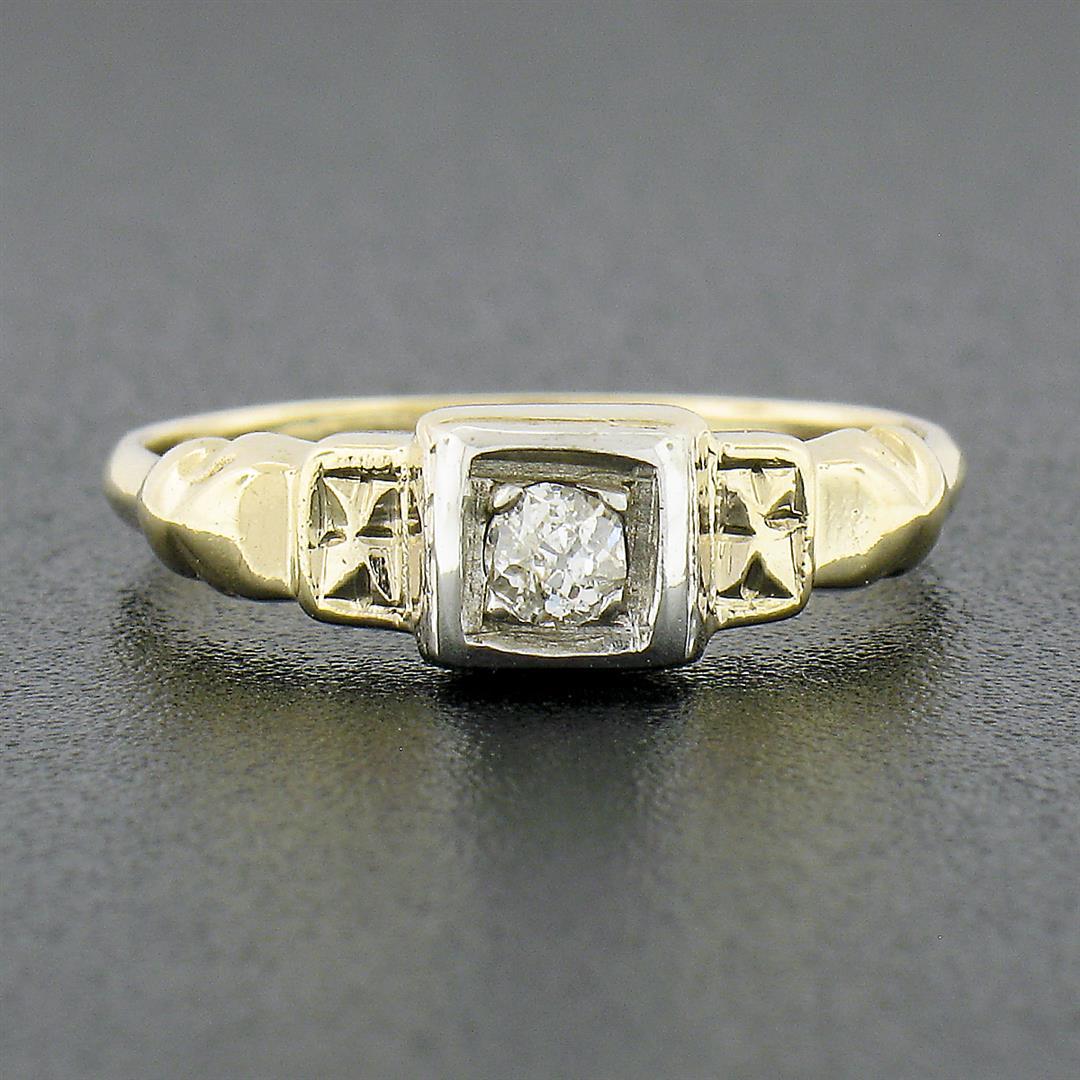 Antique 14k TT Gold 0.10 ctw Old Mine Cut Diamond Solitaire Petite Promise Ring