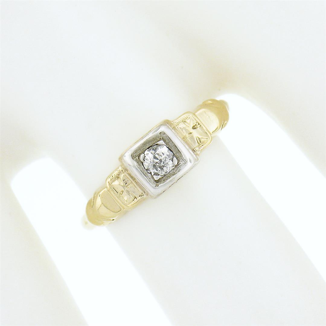 Antique 14k TT Gold 0.10 ctw Old Mine Cut Diamond Solitaire Petite Promise Ring