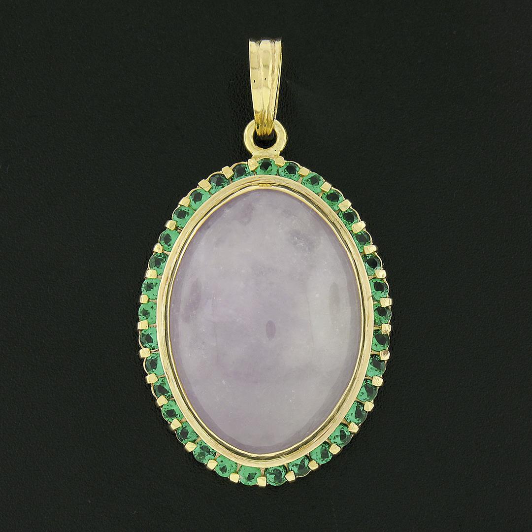 Vintage 18k Gold Oval Cabochon Lavender Jade w/ Green Stone Frame Large Pendant