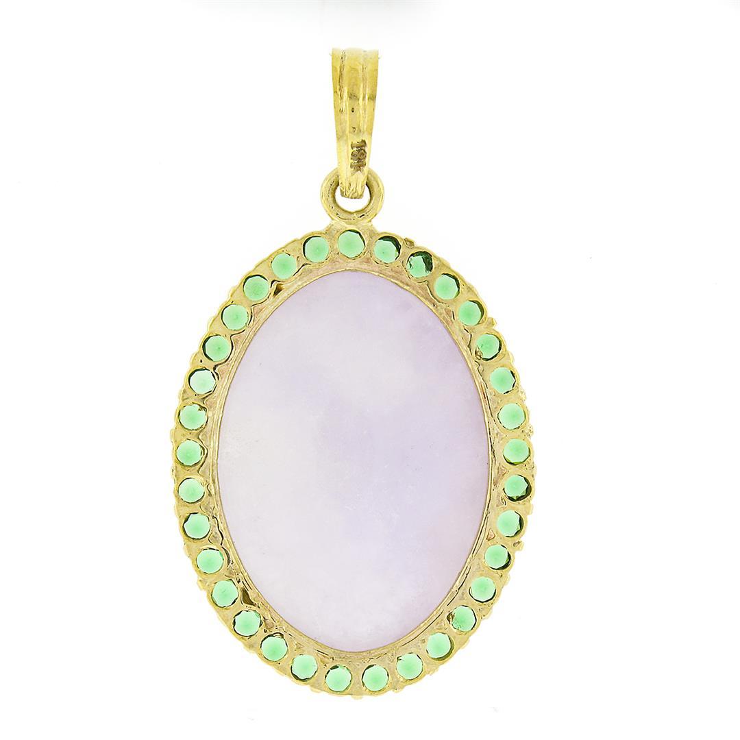 Vintage 18k Gold Oval Cabochon Lavender Jade w/ Green Stone Frame Large Pendant