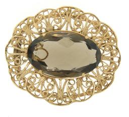 Vintage 14k Yellow Gold LARGE Filigree Open Frame Smokey Topaz Brooch Pendant