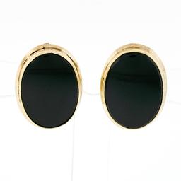 Vintage 14k Yellow Gold Bezel Set Oval Black Onyx Button Screw-On Earrings