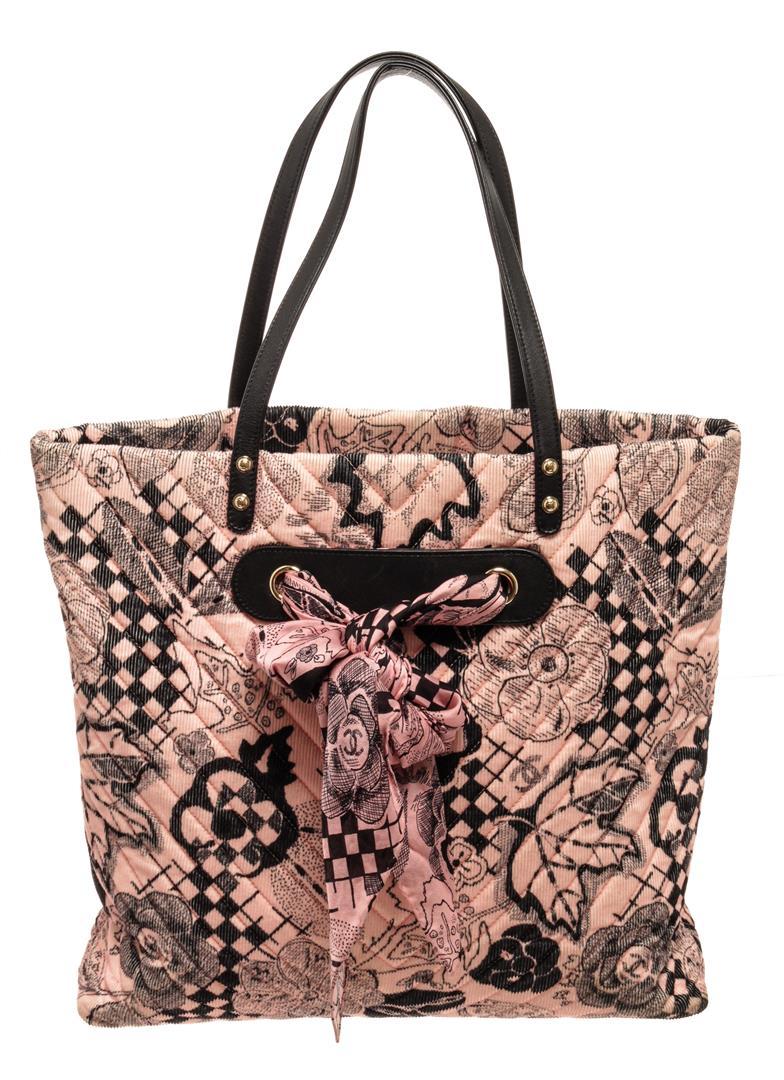 Chanel Light Pink Printed Corduroy with Silk Scarf Tote Bag