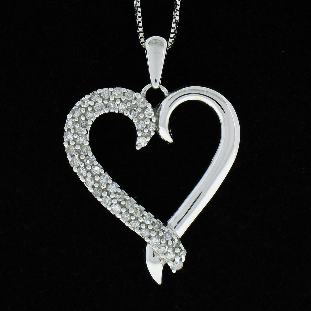 14K White Gold 16" .20 ctw Round Pave Diamond Petite Heart Slide Pendant Necklac