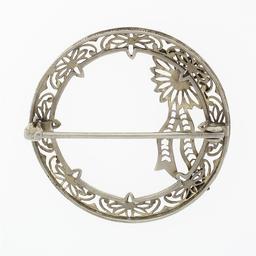 Antique Art Deco 14k White Gold Filigree Circle Wreath Floral Ribbon Brooch Pin