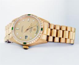 Rolex Mens Quickset 18K Yellow Gold Factory Champagne Diamond Dial Emerald Bezel