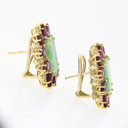 Vintage 18k Gold 8.60 ctw Rectangular Jade w/ Pear Ruby Diamond Statement Earrin