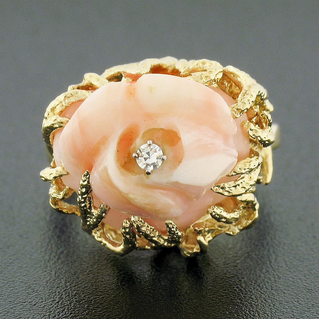 Vintage 14k Gold Rose Carved Coral High Relief Diamond Center Open Freeform Ring