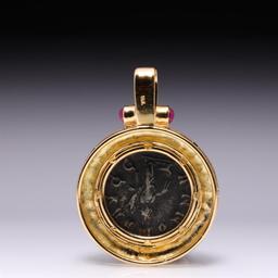 18K Yellow Gold Pendant with Rubies and Imperial Roman Coin