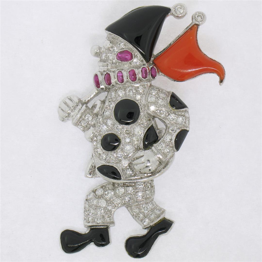 Vintage 18k White Gold Diamond Black Onyx and Coral Clown Brooch Pin