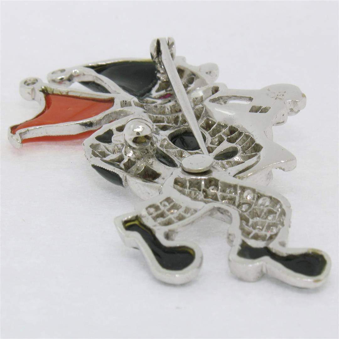 Vintage 18k White Gold Diamond Black Onyx and Coral Clown Brooch Pin