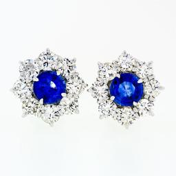 18k White Gold 8.50 ctw GIA Ceylon Sapphire Diamond Halo Flower Cluster Earrings