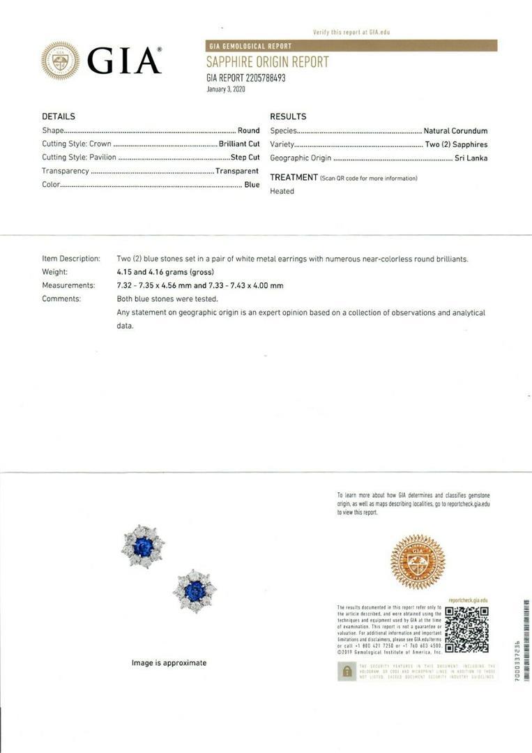 18k White Gold 8.50 ctw GIA Ceylon Sapphire Diamond Halo Flower Cluster Earrings