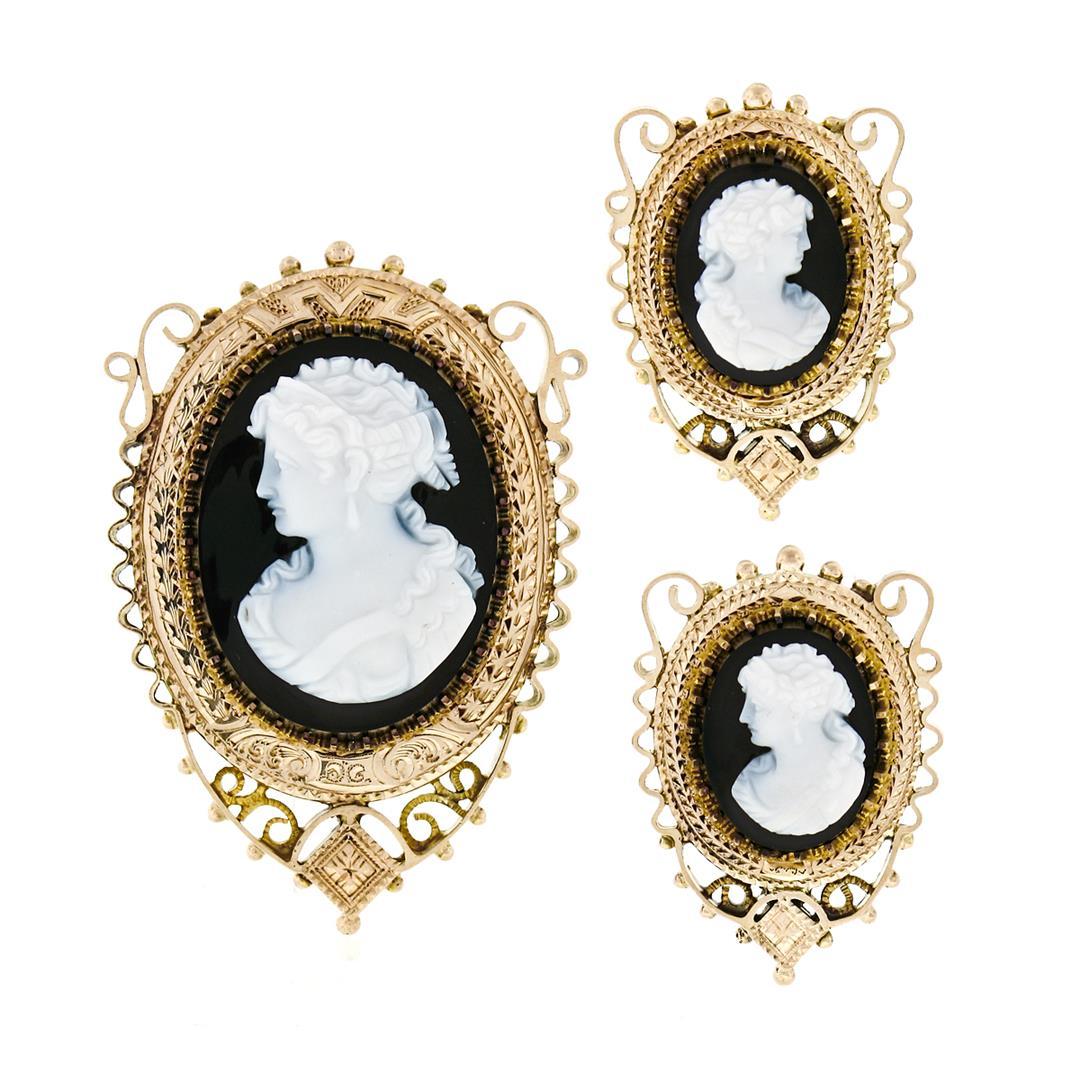 Antique Victorian 14k Gold Oval Black & White Carved Cameo Brooch & Earrings Set