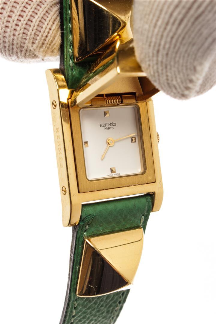 Hermes Green Gold Steel and Leather Medor PM Quartz Watch