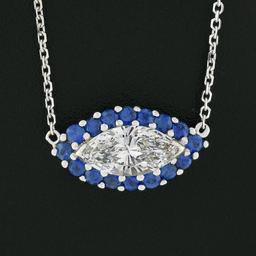 NEW 18K Gold 1.56 ctw GIA Marquise Diamond Sapphire Halo Evil Eye Pendant Neckla