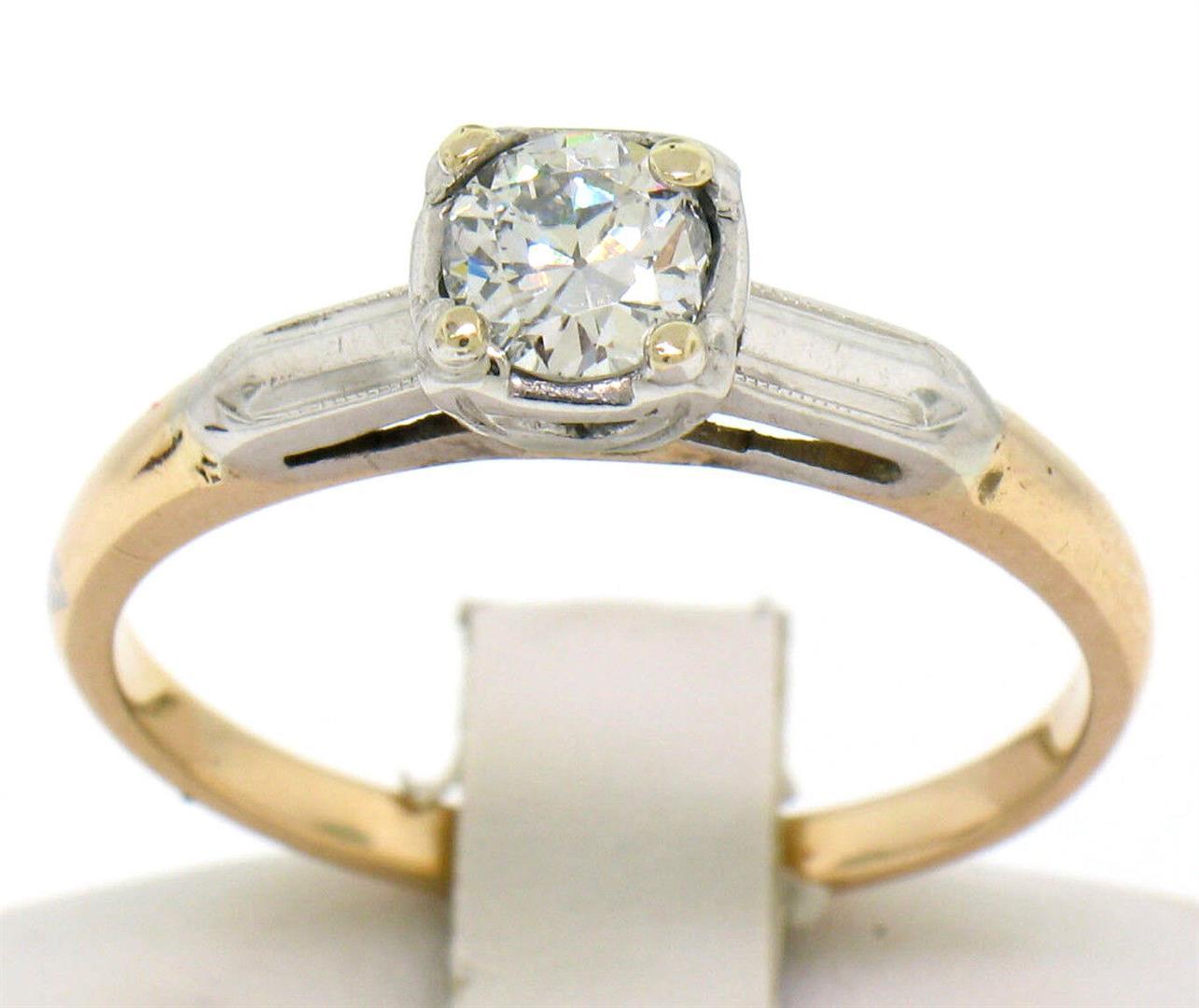 Vintage 14k Two Tone Gold G VS2 European Cut Diamond Solitaire Engagement Ring