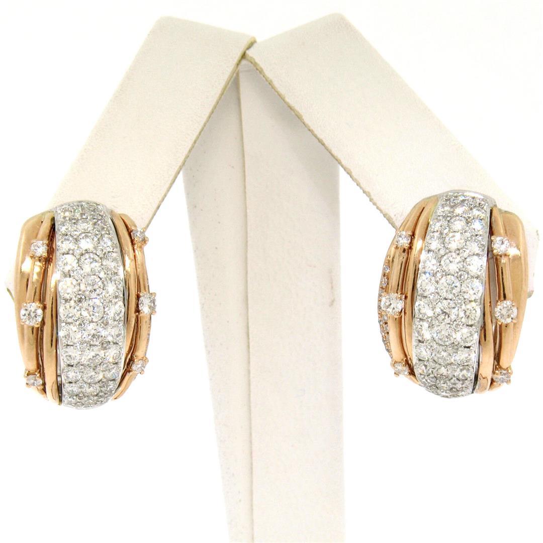 18k Rose & White Gold 2.62 ctw Pave Set FINE Diamond Omega Domed Cuff Earrings