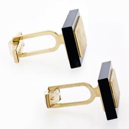 14K Yellow Gold Rectangular Cut Black Onyx Florentine Finish Swivel Cuff Links