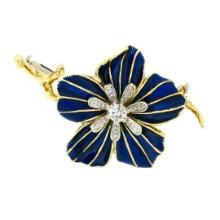 Vintage Italian 18k Gold Round Diamond Dark Blue Enamel Flower Branch Brooch Pin