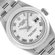 Rolex Ladies Stainless Steel Sapphire Quickset White Roman Smooth Bezel Oyster B