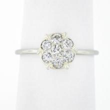 Antique 18k White Gold 0.52 ctw Old European Diamond Cluster Flower Solitaire Ri