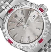 Rolex Ladies Stainless Steel Silver Index Diamond And Ruby Rolex Date Wristwatch