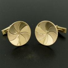 Men's 14k Yellow Gold Dual Finish 20mm Round Concave Swirl Design Cuff Links