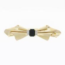 Vintage 14k Gold Black Onyx & Old Cut Diamond Long Freeform Ribbon Brooch Pin