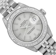 Rolex Ladies Stainless Steel Quickset Silver Index Diamond Bezel Date Watch With