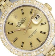 Rolex Mens 2 Tone Champagne Index Pyramid Diamond Bezel Datejust Wristwatch With