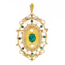 Vintage 18k Gold Oval Turquoise & Round Pearl Open Work Brooch Pin or Pendant